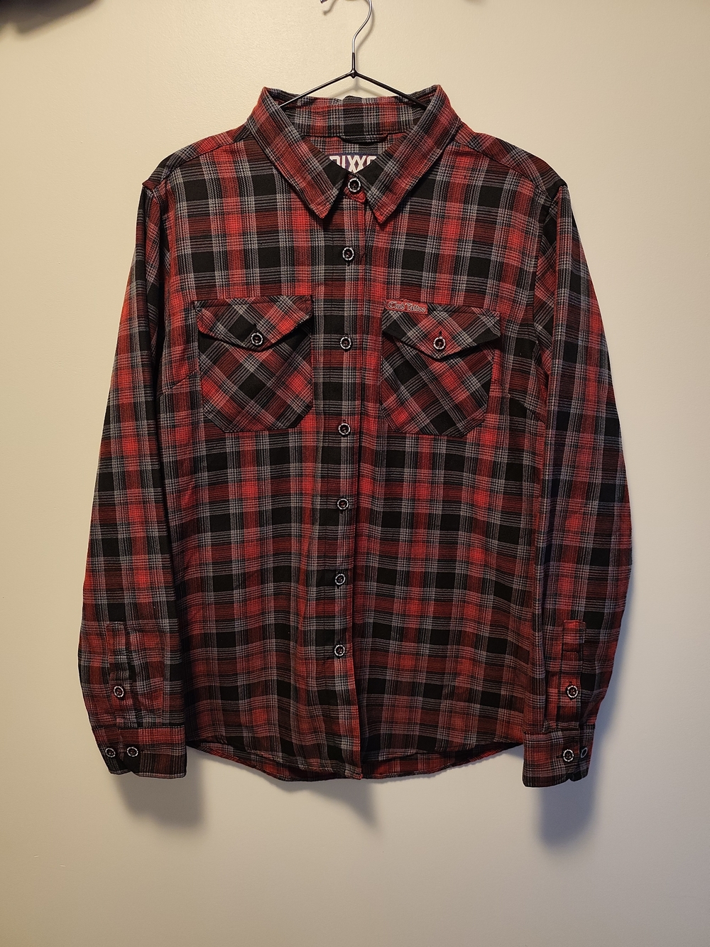 Dixxon Flannel Club Tattoo Womens L Large Red Black Grey Sugar Skull Mint EUC